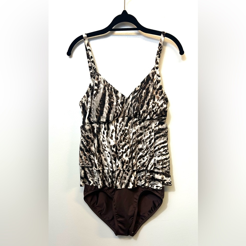 Magicsuit One Piece Swimsuit 10 Brown Animal Print Tiered Ruffle‎ Tummy Control